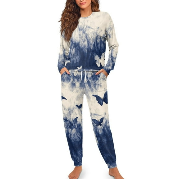 SCRAWLGOD Butterfly Pajamas for Women Set of 2 Pjs for Women Sleepwear Soft Clothes Crewneck Ladies Jogger Pjs Set Lightweight Graphic Pjs Women Size 2XL