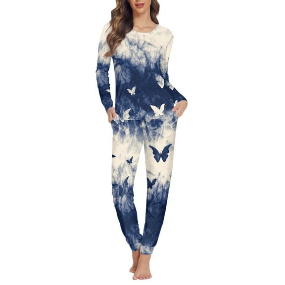 SCRAWLGOD Butterfly Pajamas for Women Set Long Sleeve Pjs for Women Sets 2 Piece Outfits Size XS Crewneck Jogger Pj Sets for Women Lightweight Loungewear Sets
