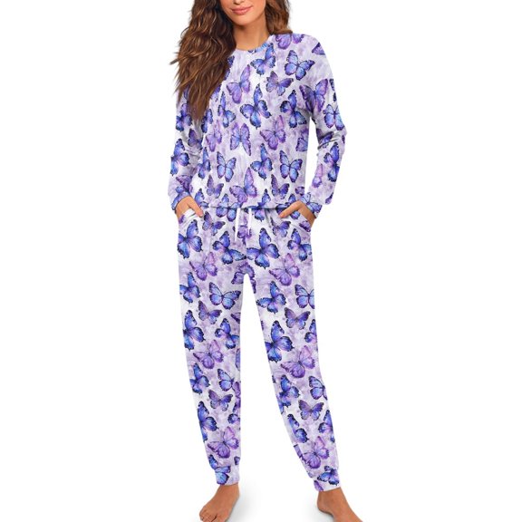 SCRAWLGOD Butterfly Pjs Women Long Sleeve 2 Piece Sets for Women Pajama Lounge Drawstring Graphic Pajamas for Women Set Size M Washable Woman Sleepwear