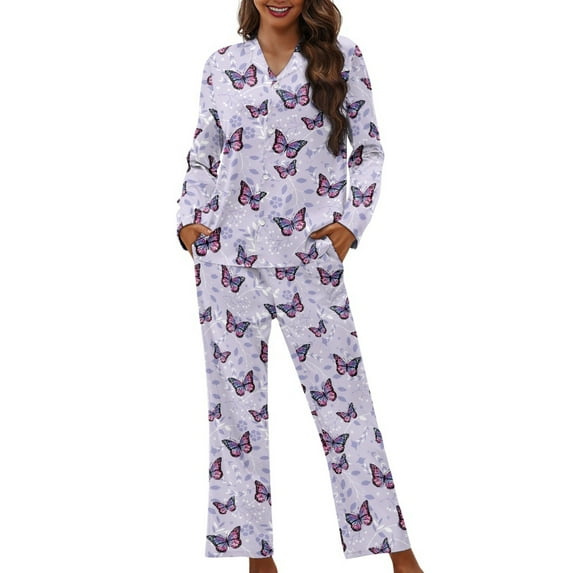 SCRAWLGOD Butterfly Pjs Women Long Sleeve Button Pajamas for Women Sleepwear Set V Neck Womens Pajama Set of 2 Size 2XL Comfortable Pj Sets for Women Casual