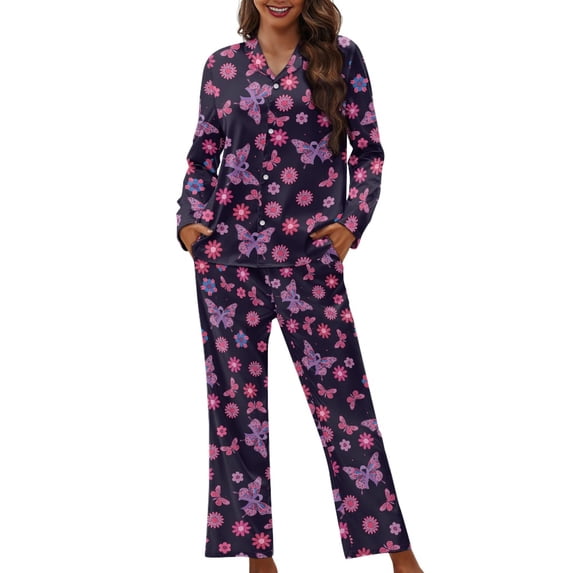 SCRAWLGOD Butterfly Pjs Women Long Sleeve Button Down Pajamas for Women Flower Clothing V Neck 2-Piece Sets for Women Fall Washable Woman Nightwear Size XS