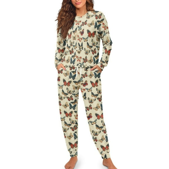 SCRAWLGOD Butterfly Pjs for Women Set of 2 Pajamas for Women Long Sleeve Tops and Pants Crewneck Women's Pj with Pockets Size L Soft Women Loungewear