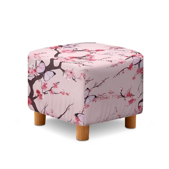 SCRAWLGOD Butterfly Plum Blossom Print Pink Square Ottoman Cover, Stretch Square Ottoman Covers Slipcover, Cover for Storage Stool, Footstool Protection for Living Room