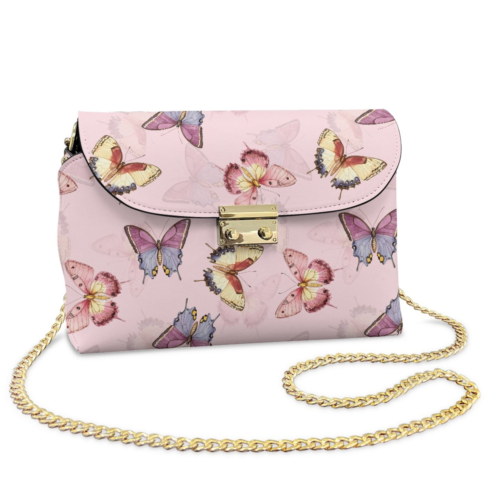 SCRAWLGOD Butterfly Print Beige Pink Crossbody Bags for Women Trendy, PU Leather Purses, Crossbody Handbag Purse with Chain Strap, Small Shoulder Handbag