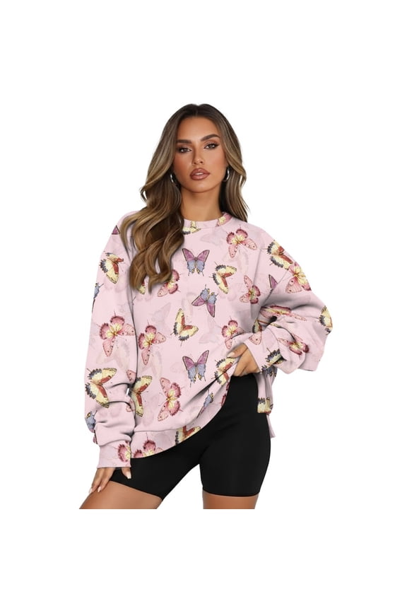 Butterfly Print Beige Pink Womens Round Neck Sweatshirts with Pockets Long Sleeve Trendy Pullover Casual Comfy Drop Shoulder Loose Fit Tops Fall Clothes, M