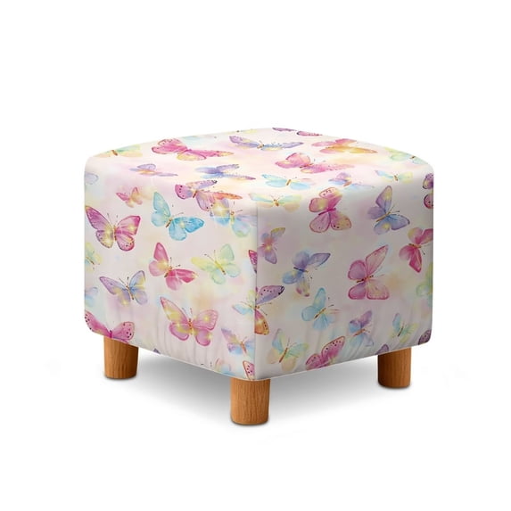 SCRAWLGOD Butterfly Print Blue Pink Ottoman Slipcover, Foldable Square Slipcover with Elastic Bottom Thick Footstool Protection Universal Fit for Most Footstool Sofa