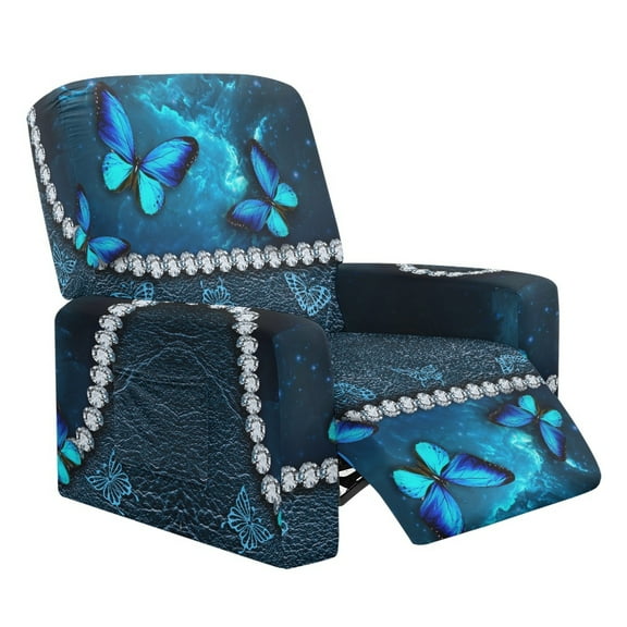 SCRAWLGOD Butterfly Print Blue Recliner Chair Covers 4 Pieces Reclining Slipcovers with Pocket Non Slip Stretch Recliner Couch Slipcovers for Home 1 Seat Recliner Sofa Cover for Pets