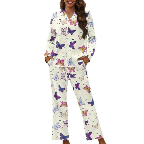SCRAWLGOD Butterfly Print Pjs Women Long Sleeve Button Up Pajama Top for Women Soft Comfy Size M V Neck Womens Pajama Set of 2 Breathable Women Lounge Sets