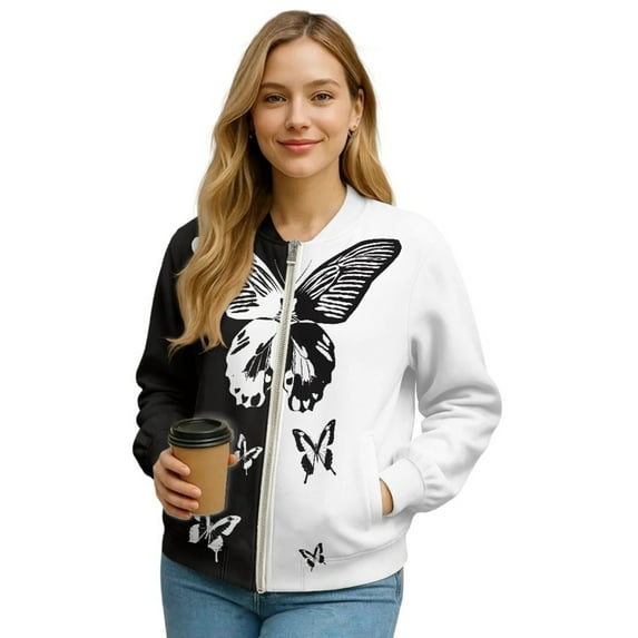 SCRAWLGOD Butterfly Print White Black Jackets for Women Fall Fashion Coats Crew Neck Trendy Comfortable Sweatshirts Lightweight Zip Up Jackets Dressy Casual, XXL