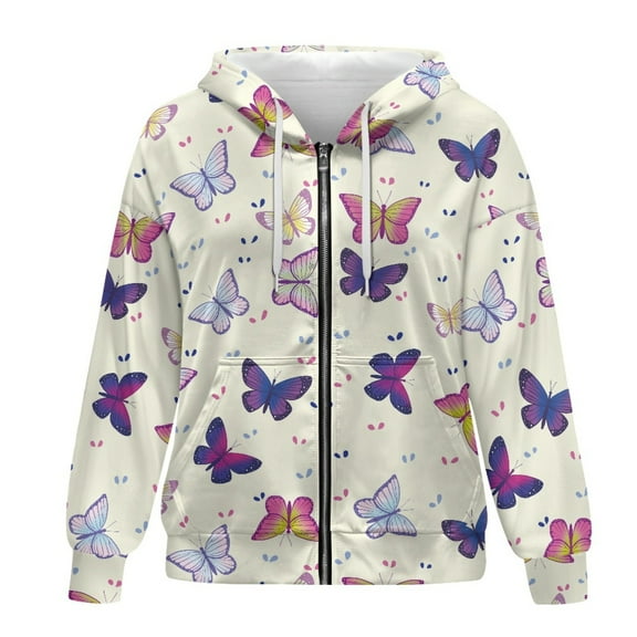 SCRAWLGOD Butterfly Print Woman Zipper Hoodies for Women Oversized Sweatshirt Size M Long Sleeve Hooded Sweater Women Washable Ladies Zip Up Sweatshirt