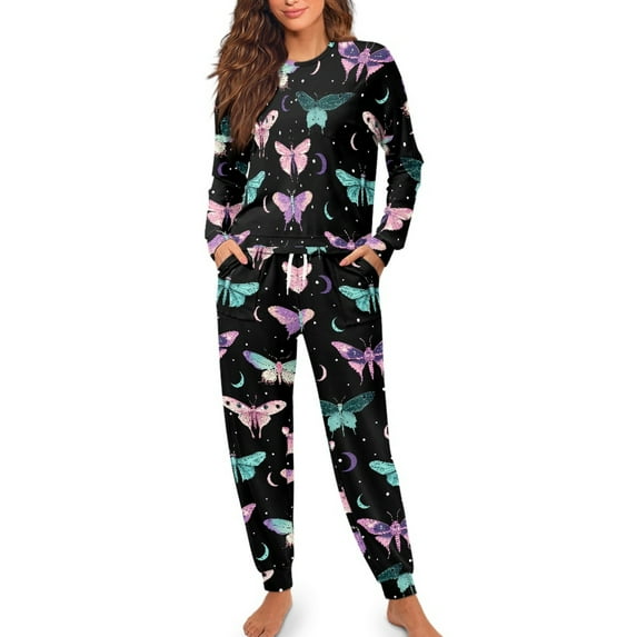 SCRAWLGOD Butterfly Spot Moon Black Women's Pajama Set, Fall Casual Soft Lounge sets Long Sleeves Sleepwear Crew-Neck with pockets & Drawstring 2 Piece Pullover Pjs Sets, XXL