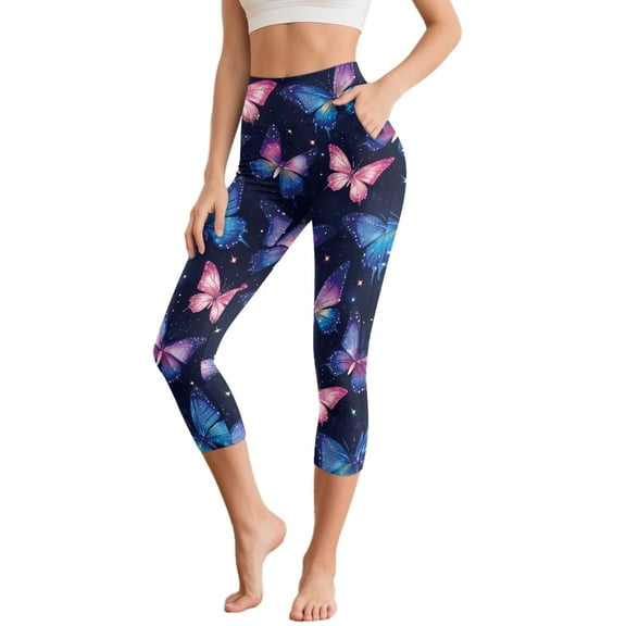 SCRAWLGOD Butterfly Starry Sky Women's Capri Leggings with Pockets High Waist Stretch Tummy Control Workout Yoga Capris Active Yoga Leggings for Running Cycling, S