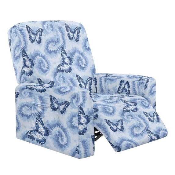 SCRAWLGOD Butterfly Tie-Dye Blue Recliner Chair Covers, Removable 4 Pieces Stretch Recliner Covers with Storage Pockets Soft Comfortable Recliner Slipcovers for Pet, Living Room