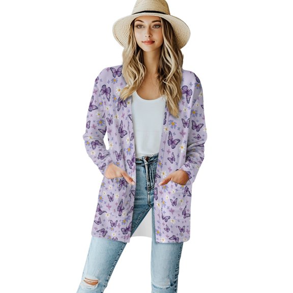 SCRAWLGOD Butterfly Women Cardigans Lightweight Long Lounge Cardigans for Women Casual Size L Long Sleeve Women's Cardigan with Pockets Comfy Cardigan for Women Loose Fit