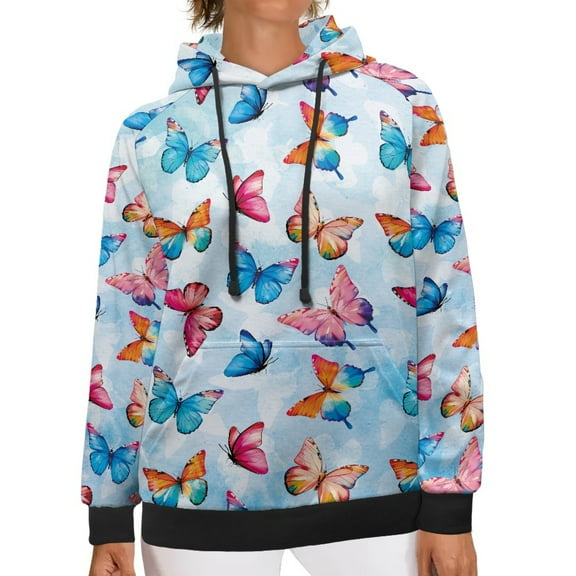 SCRAWLGOD Butterfly Women Hoodie Pullover Graphic Sweatshirts Plus Size 3XL Tops Long Sleeve Hooded Sweater Women Hangout Washable Hoodies Women Trendy