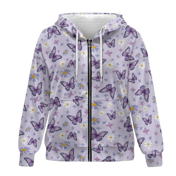 SCRAWLGOD Butterfly Women's Zip Up Hoodies Plus Size L Sweaters for Women Fall Long Sleeve Women Oversized Sweatshirt Soft Ladies Hoodies Zip Front