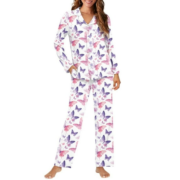 SCRAWLGOD Butterfly Womens Button Down Pajama Sets Long Sleeve Two Piece Loungewear Size 3XL V Neck Women Sleepwear Soft Pjs Sets for Women with Pockets