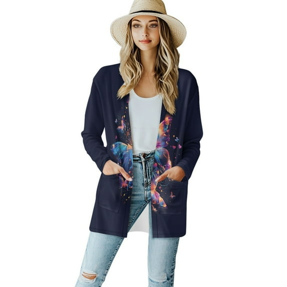 SCRAWLGOD Butterfly Womens Cardigan Sweatshirts No Hood Jacket Women Casual Size S Long Sleeve Sweater Jacket for Women Dressy Comfy Sweater Coat with Pockets for Park