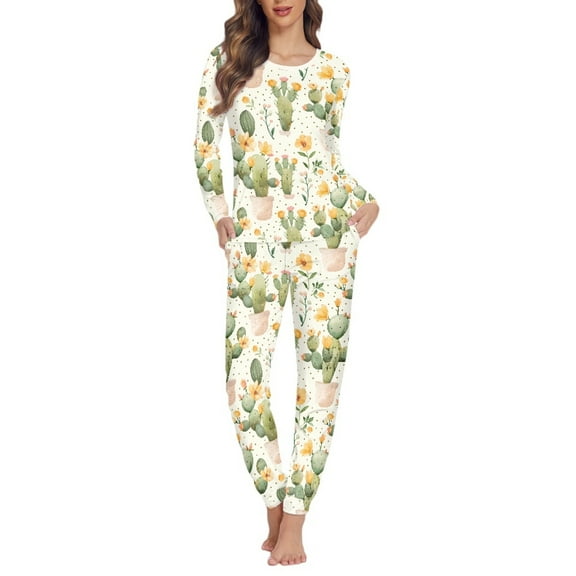 SCRAWLGOD Cactus 2 Piece Set Pajamas for Women Lounge Set Soft Pajama Set for Women Size XS Crewneck Sleepwear Sets for Women Comfy Women's Pjs Sets