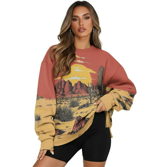 SCRAWLGOD Cactus Desert Sunset Print Women's Long Sleeve Sweatshirt with Pockets Crewneck Comfortable Drop Shoulder Tops Oversized Casual Clothing for Running Shopping, XXL