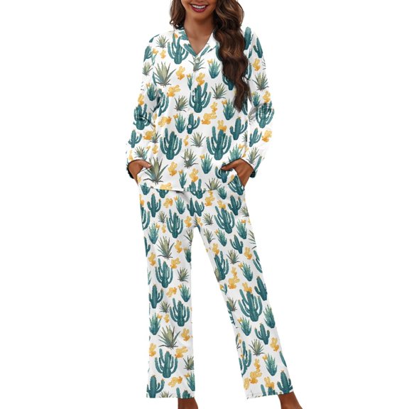 SCRAWLGOD Cactus Pajamas for Women Long Sleeve Button Up Pjs Women Fall Pj Set Women Size XS V Neck Womens 2 Piece Lounge Set Comfy Women Loungewear