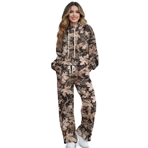 SCRAWLGOD Camo Forest Leaf Print Women's 2 Piece Outfits Long Sleeve Pullover Loose Sweatshirt Wide Leg Pants with Pockets Turtleneck Sweatsuit Loungewear Set, XS