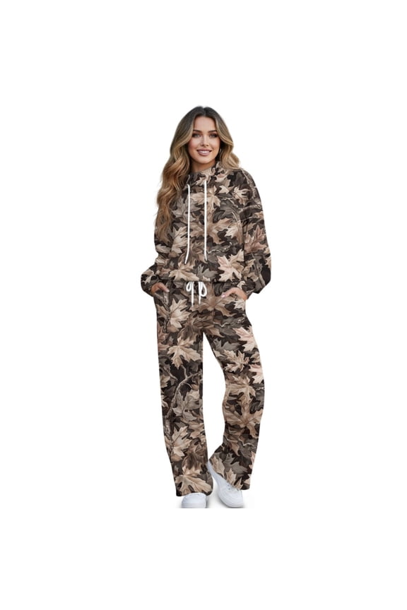 Camo Forest Leaf Print Women's 2 Piece Outfits Long Sleeve Pullover Loose Sweatshirt Wide Leg Pants with Pockets Turtleneck Sweatsuit Loungewear Set, M