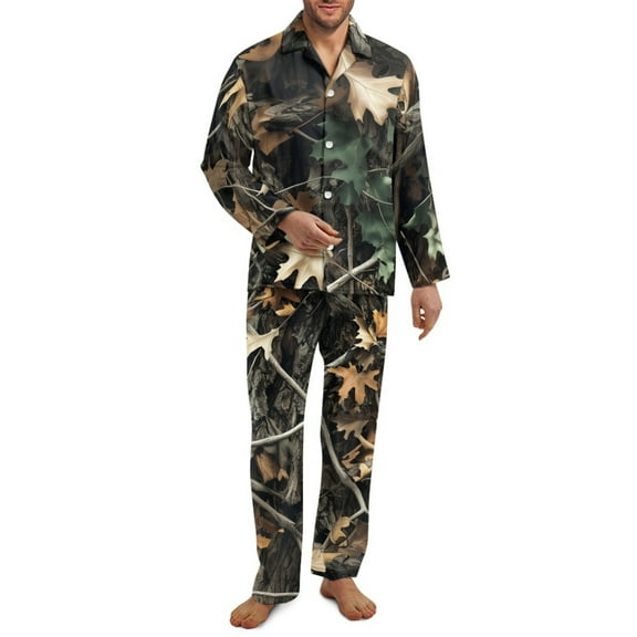 SCRAWLGOD Camo Forest Print 2 PCS Men's Pajama Sets Button Down Long Sleeve Pajama Set for Men Lightweight Anti-Wrinkle Loungewear with Pockets & Elastic Band, S