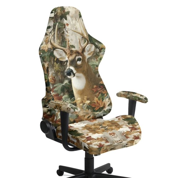 SCRAWLGOD Camo Hunting Forest Deer Print Print Gaming Chair Slipcover, 4 Pieces Stretchable Rotating Chair Slipcovers with Armrest Cover Dustproof Reclining Gaming Seat Covers with Zipper