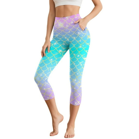 SCRAWLGOD Capri Leggings for Women with Pockets - 4 Way Stretch Yoga Leggings Lightweight Casual Yoga Pants with Tummy Control for Workout Running, Shiny Mermaid Scales Blue Violet, XXL