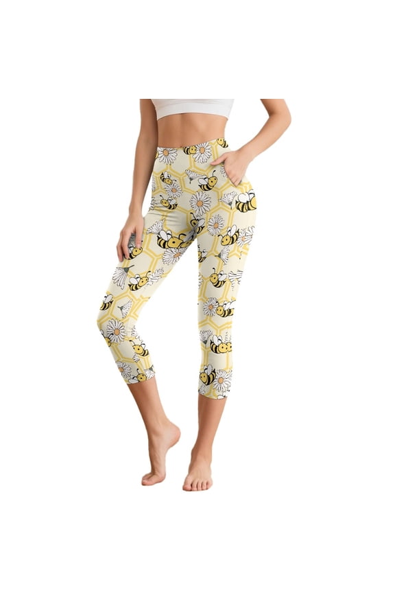 Capri Yoga Pants for Women with Pockets Tummy Control Capri Yoga Pants Leggings Non See Through High Waisted Legging for Workout Cycling, Honeycomb Daisy Bee Print Beige, XXL