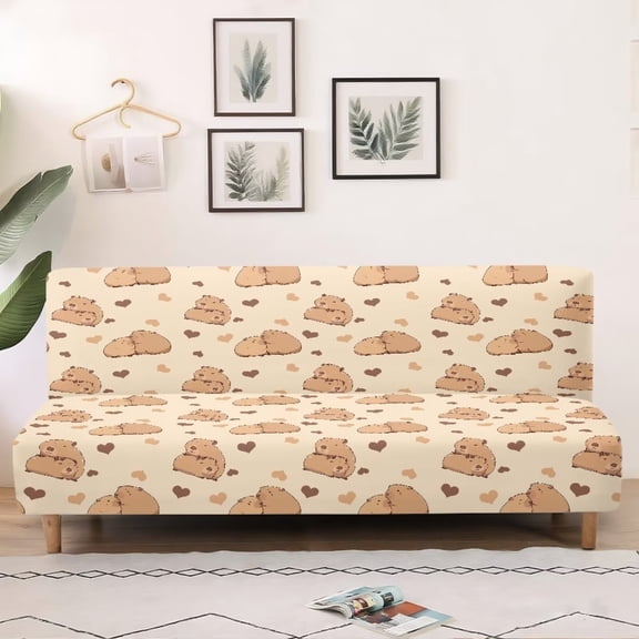 SCRAWLGOD Capybara Heart Print Armless Sofa Cover Washable 1 Piece Sofa Cover Heavy Duty Leakproof Futon Slipcover Easy Installation Couch Slipcover for Dog and Cat