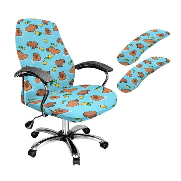 SCRAWLGOD Capybara Lemon Blue Breathable Computer Chair Slipcover with Arm Protector Dustproof Desk Chair Covers Crease Resistant High Back Chair Cover, 3 Pieces Set, L