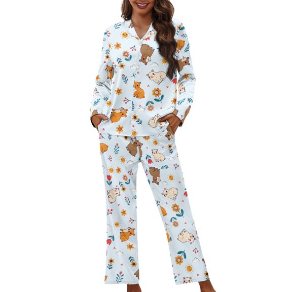 SCRAWLGOD Capybara Open Front Pajamas for Women Long Sleeve 2 Piece Lounge Set V Neck Womens Pajama with Pockets Breathable Graphic Pj Sets for Women Size 4XL