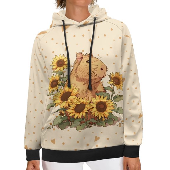 SCRAWLGOD Capybara Pullover Hoodie Sweaters for Women Plus Size 2XL Long Sleeve Tops Elastic Women's Hoodies with Pockets Comfy Oversized Sweatshirt for Women Park