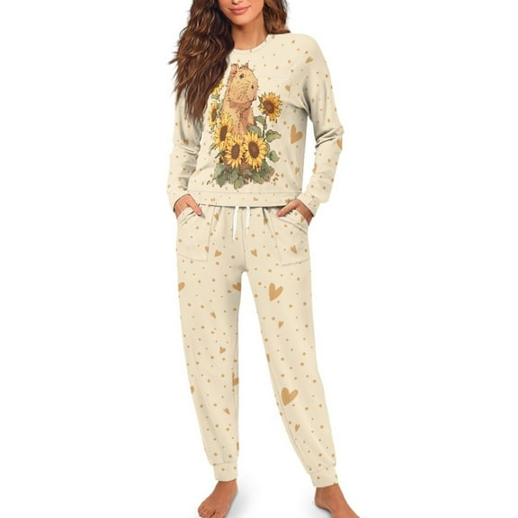 SCRAWLGOD Capybara Sunflower Pajama Set for Women Long Sleeve 2 Piece Outfit Sets Size 2X-Large Crewneck Jogger Pjs Women Casual Fall Pajamas Soft