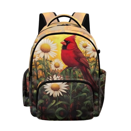 SCRAWLGOD Cardinal Daisy Sunset Print 17 Inch 600D Backpack, Multi-Pocket Kids Bookbag, Schoolbag for Middle School Travel Camping Vacation, Large Capacity Daypack
