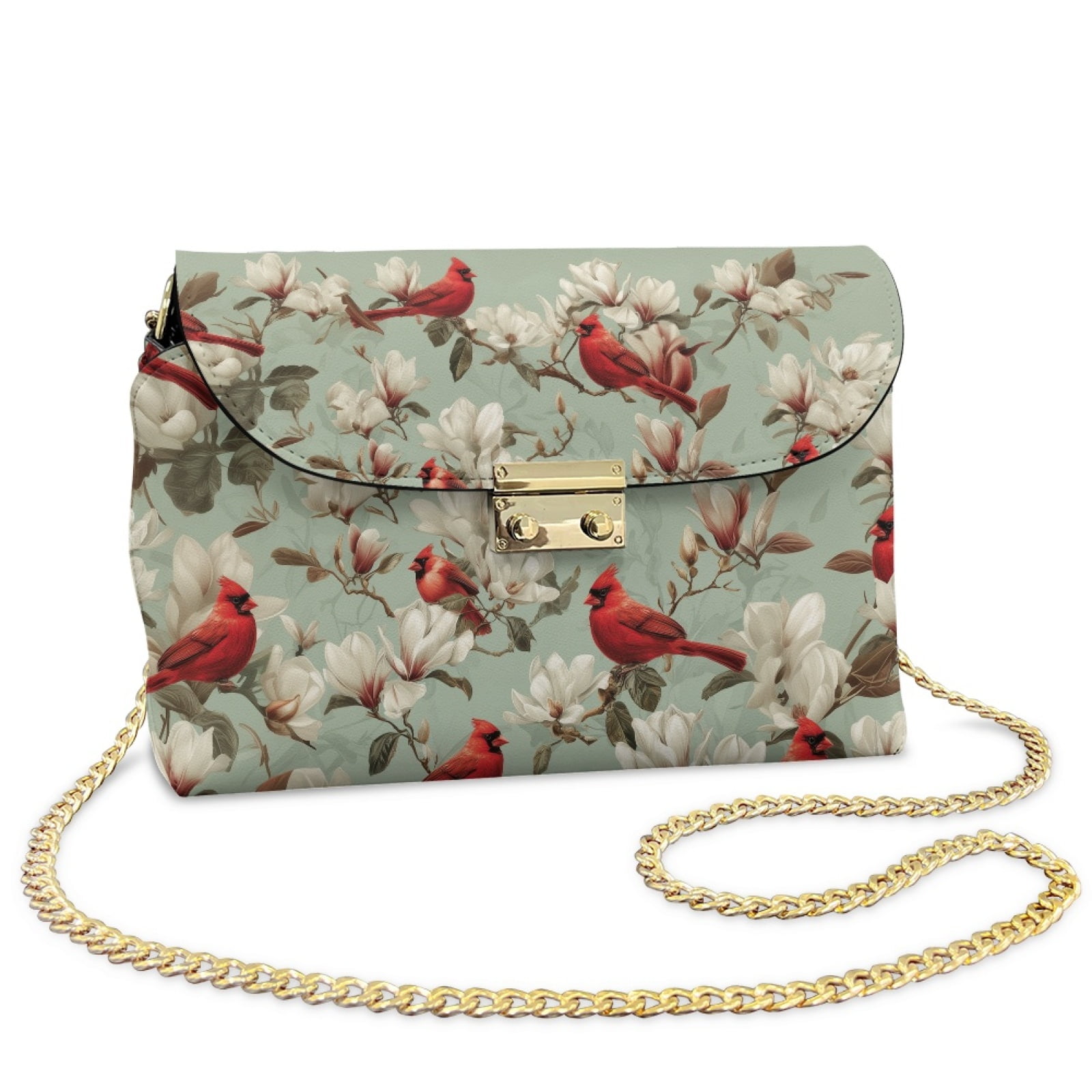 SCRAWLGOD Cardinal Floral Print Cyan Crossbody Bags for Women Trendy PU Leather Shoulder Handbags Purses for Women with Detachable Chain Strap