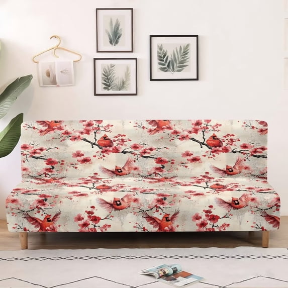 SCRAWLGOD Cardinal Floral Print Sofa Cover Without Armrest Stretch Washable Furniture Protector Couch Cover Soft Breathable Futon Slipcover for 3 Cushion Couch Sofa