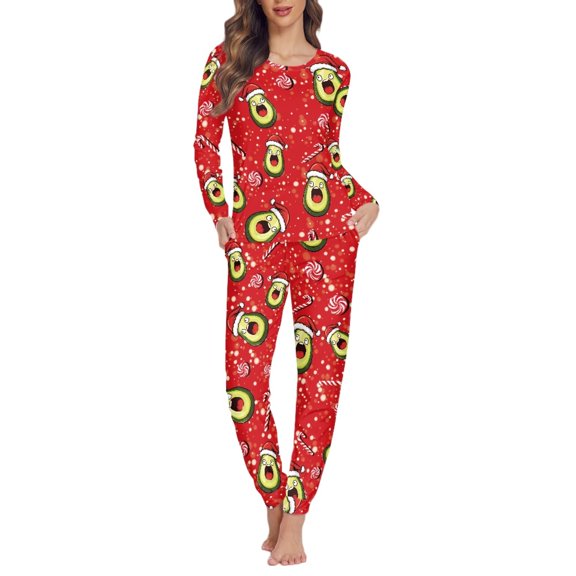 SCRAWLGOD Cartoon Avocado Pajamas for Women Pjs Sets Long Sleeve Sleepwear Set Size 3XL Crewneck Nightwear Set Women Comfy 2 Piece Pj Set for Women Christmas