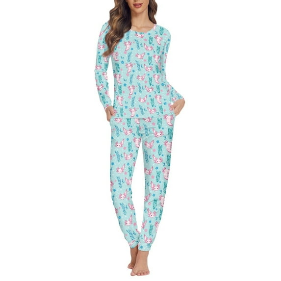 SCRAWLGOD Cartoon Axolotl Long Sleeve Pajama Sets for Women 2 Piece Pj Set for Women Crewneck Loungewear Sets Woman Soft Size 2XL Women's Pajama Set Fall