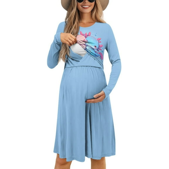SCRAWLGOD Cartoon Axolotl Nursing Dress for Women Breastfeeding Friendly Dresses Casual Crewneck Pregnancy Clothes for Women Work Long Sleeve Maternity Dress Size XL Soft Swing Dresses