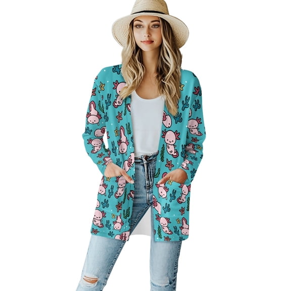 SCRAWLGOD Cartoon Axolotl Women's Cardigan Jacket Lightweight Sweatshirts for Women Long Sleeve Ladies Cardigan with Pockets Size S Elastic Fall Cardigan for Women Trendy
