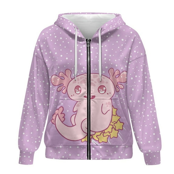 SCRAWLGOD Cartoon Axolotl Womens Hoodie Zip Up Plus Size L Womens Graphic Hoodies Long Sleeve Oversized Sweatshirt for Women Travel Soft Zipup Hoodie Women Fall