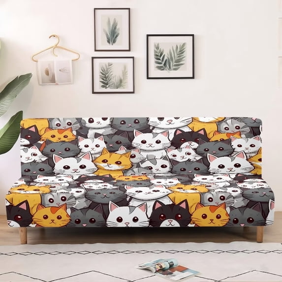 SCRAWLGOD Cartoon Cats Pattern Sofa Slipcover Washable Sofa Cover Without Armrest Heavy Duty Furniture Protector Breathable Couch Slipcover with Elastic Bottom