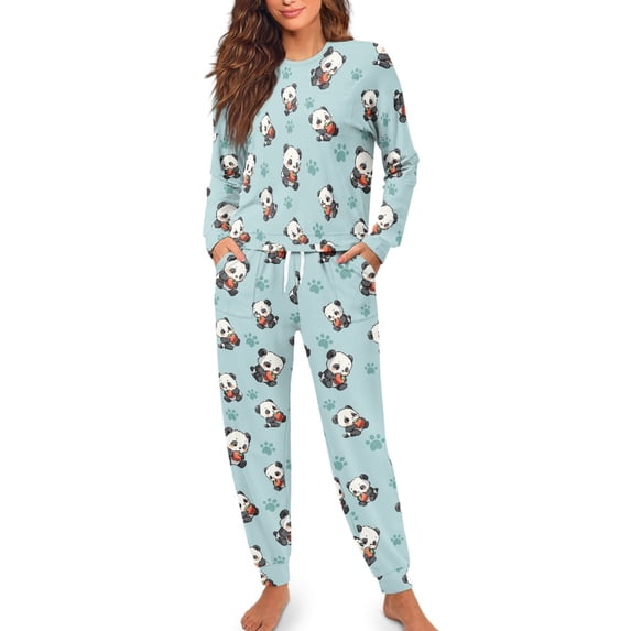 SCRAWLGOD Cartoon Panda Women Pjs Sets for Women Long Sleeve Pajama with Pockets Size XL Crewneck Ladies Two Piece Pajamas Comfortable Loungewear Sets