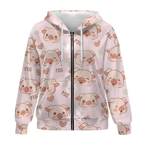 SCRAWLGOD Cartoon Pigs Womens Hoodie Zip Up Sweatshirt Women Plus Size XL Trendy Tops Long Sleeve Zip Hoodie Women Oversized Washable Ladies Hoodies Zip Front for Biking