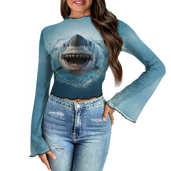 SCRAWLGOD Cartoon Shark Women Bell Sleeve Tops Size S Summer Long Sleeve Flared Shirts for Women Casual Slim Shirts Lettuce Trim Blouse for Going Out Travel