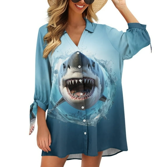 SCRAWLGOD Cartoon Shark Women's Seven Quarter Sleeve Cardigan Shirt Size 2XL Cardigan Shirt Button Down Blouses for Going Out Summer Open Front Cardigan for Women