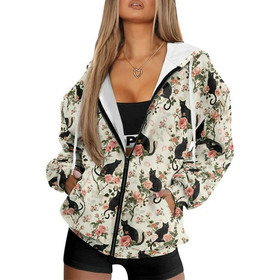 SCRAWLGOD Cat Black Rose Pink Full-Zip Hoodies for Women Comfortable Long Sleeve Cardigan Elastic Casual Pockets Sweatshirt with Drop Shoulder Autumn Fashion Outfits, XXL